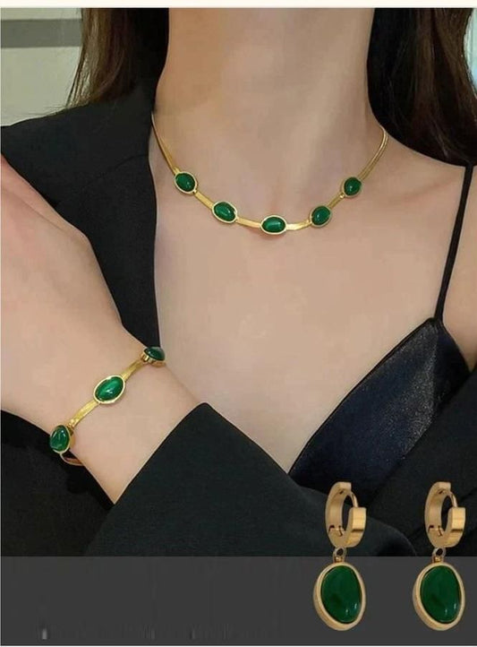 Oval Green Crystal Pendant Necklace Set With Bracelet  Elegant | Gold Plated | Complete Jewelry Set
