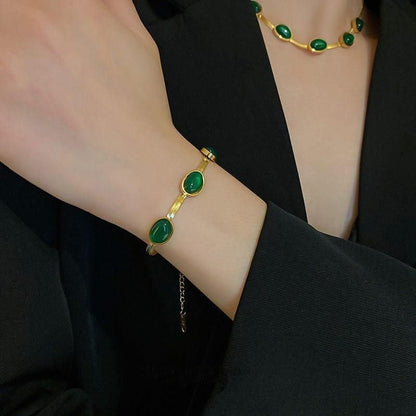 Oval Green Crystal Pendant Necklace Set With Bracelet  Elegant | Gold Plated | Complete Jewelry Set