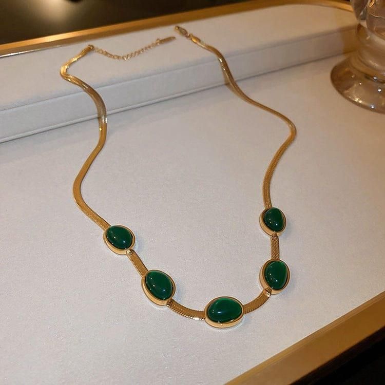 Oval Green Crystal Pendant Necklace Set With Bracelet  Elegant | Gold Plated | Complete Jewelry Set